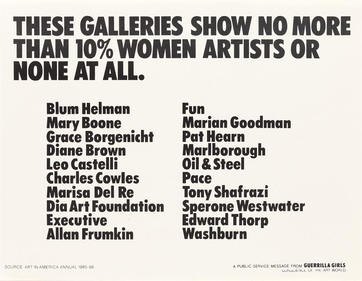 GUERRILLA GIRLS. [CONSCIENCE OF THE ART WORLD.] Group of 6 posters. 1985-1991. Each 22x17 inches, 55x43 cm.